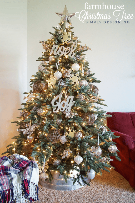 Farmhouse Christmas Tree with silver white and gold ornaments