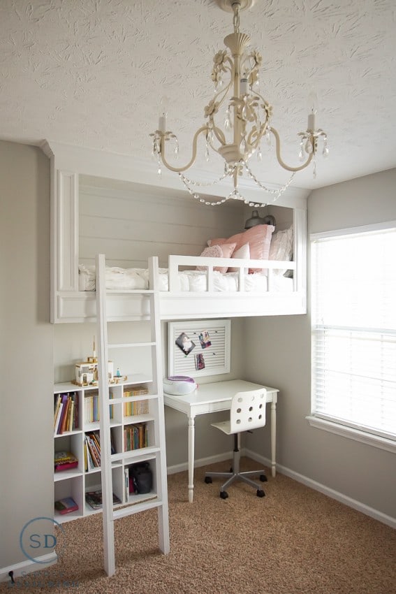 White Loft Bed for a Girl with Shiplap