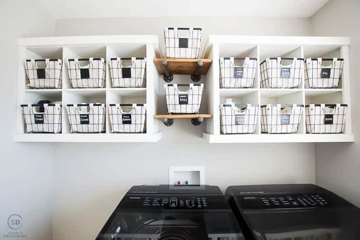 Wire basket storage in a laundry room