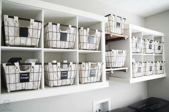 Wire baskets on shelves - how to organize a laundry room