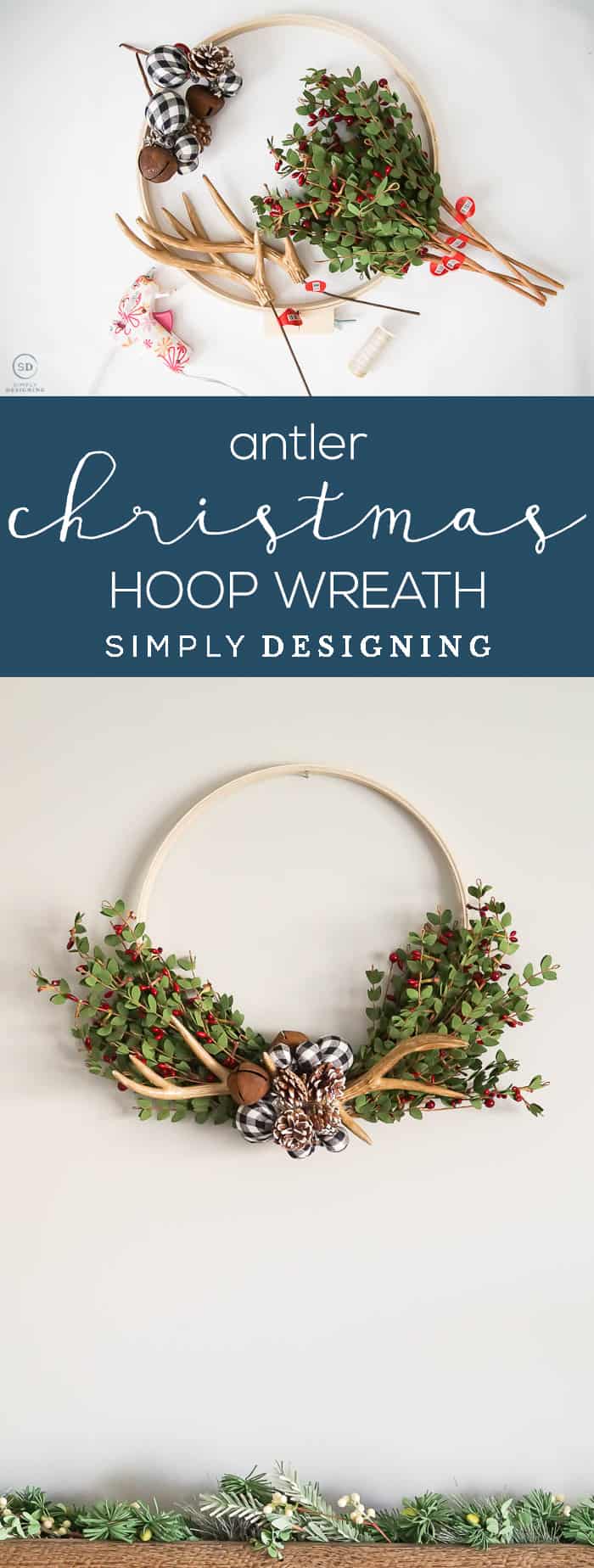 Antler Christmas Hoop Wreath - a really easy and beautiful farmhouse hoop wreath for the holidays