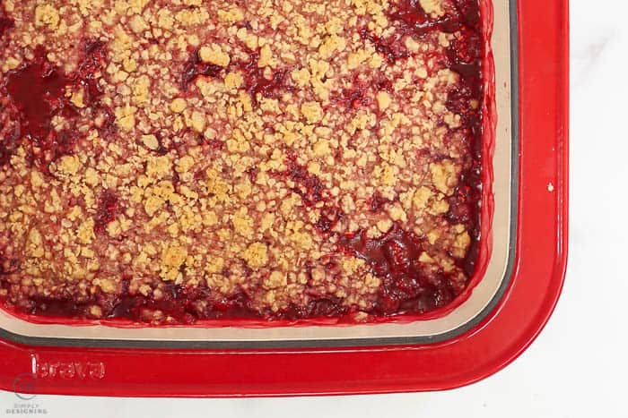 raspberry crisp in a bakers pan looking from the top down