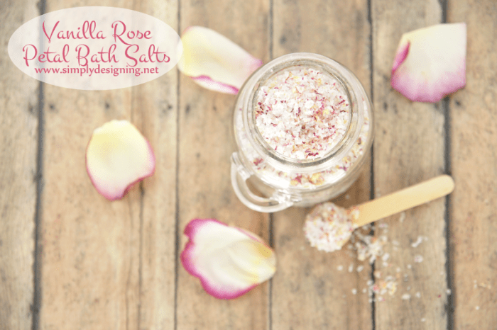 Vanilla Rose Petal Bath Salts | these homemade bath salts are so beautiful and make a perfect gift | #diybeauty #diyspa #handmadegift #bathsalts #bath #gift #mothersday #valentinesday