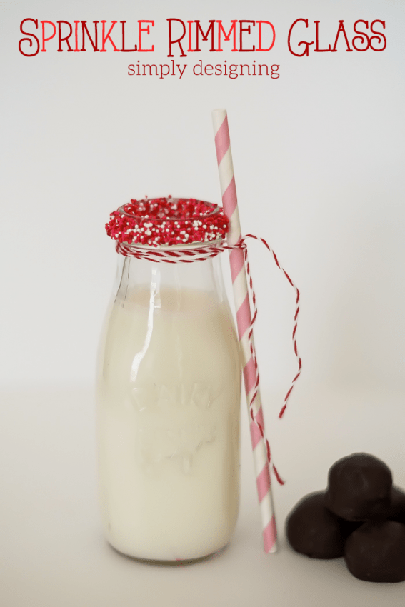 Sprinkle Rimmed Glass - This is such a quick and easy Valentine idea! Add some pizzaz to any Valentines Day food gift by adding  red and white sprinkles to the rim of any beverage glass!