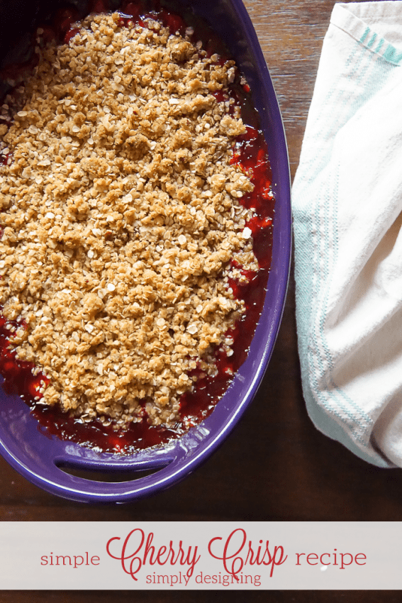 This simple Cherry Crisp Recipe is so simple to make but tastes amazing! It is perfect served with vanilla ice cream or whipped cream...or both! Yum!