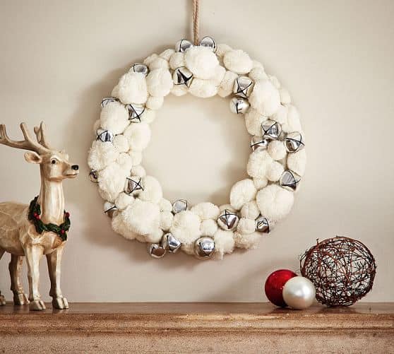 Beautiful White Winter Wreath 5 white-pom-silver-bell-wreath-pottery-barn