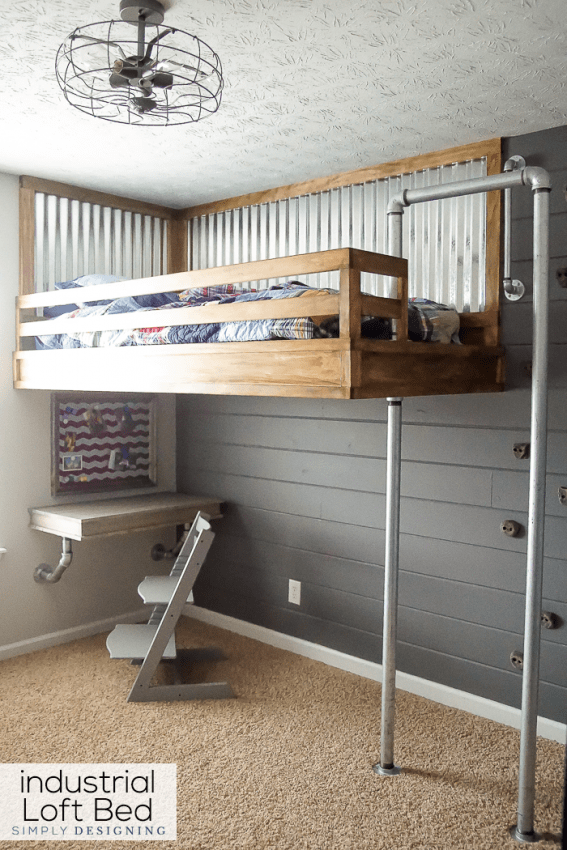 Industrial Loft Bed with Rock Climbing Wall and Firemans Pole