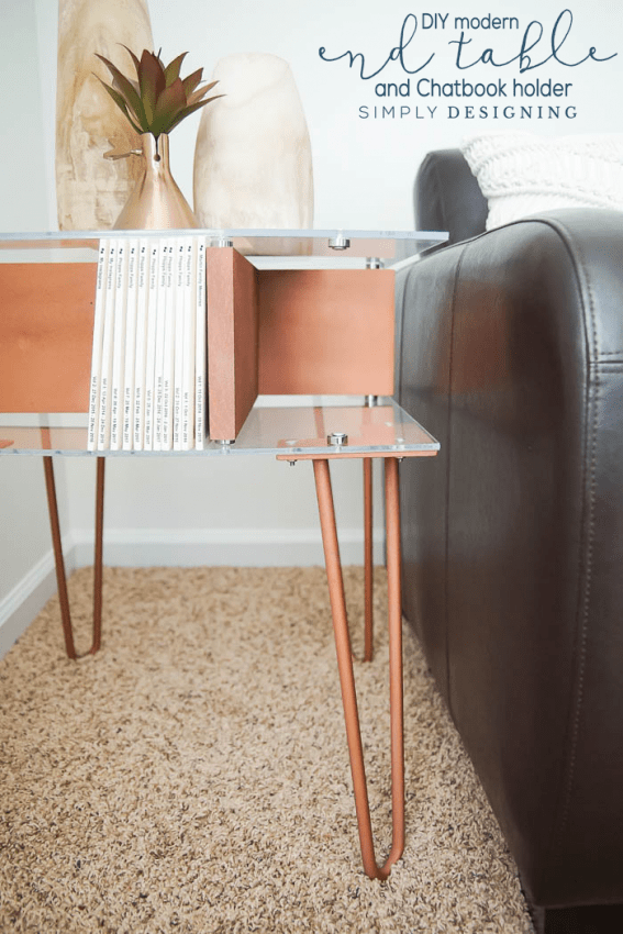 Modern End Table with Hairpin Legs and photobook storage