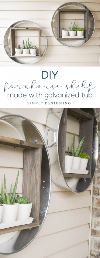 DIY Farmhouse Shelf - this farmhouse shelf is made out of a galvanized tub is so fun - industrial shelf - farmhouse - vertical planter - hanging planter - outdoor living
