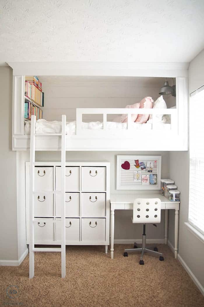 Girls Bedroom with Loft Bed and Under Bed Storage and Desk